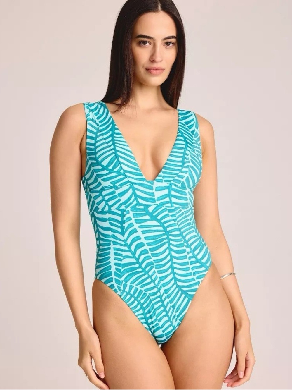 VITAMIN A Turquoise Leaf-Print V-Neck Women's Swimsuit NWT